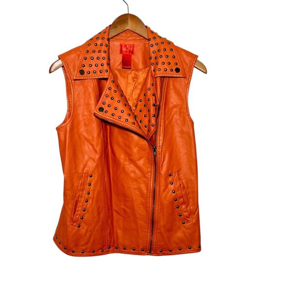 Indie Grunge Western Hippie Boho Leather Studded Zip Jacket Vest Orange Medium - Picture 1 of 8